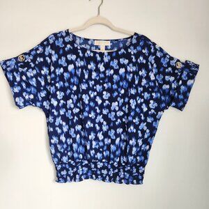 Michael Kors L Blue Floral Watercolor Print Rolled Sleeves Cinched Hem Top
